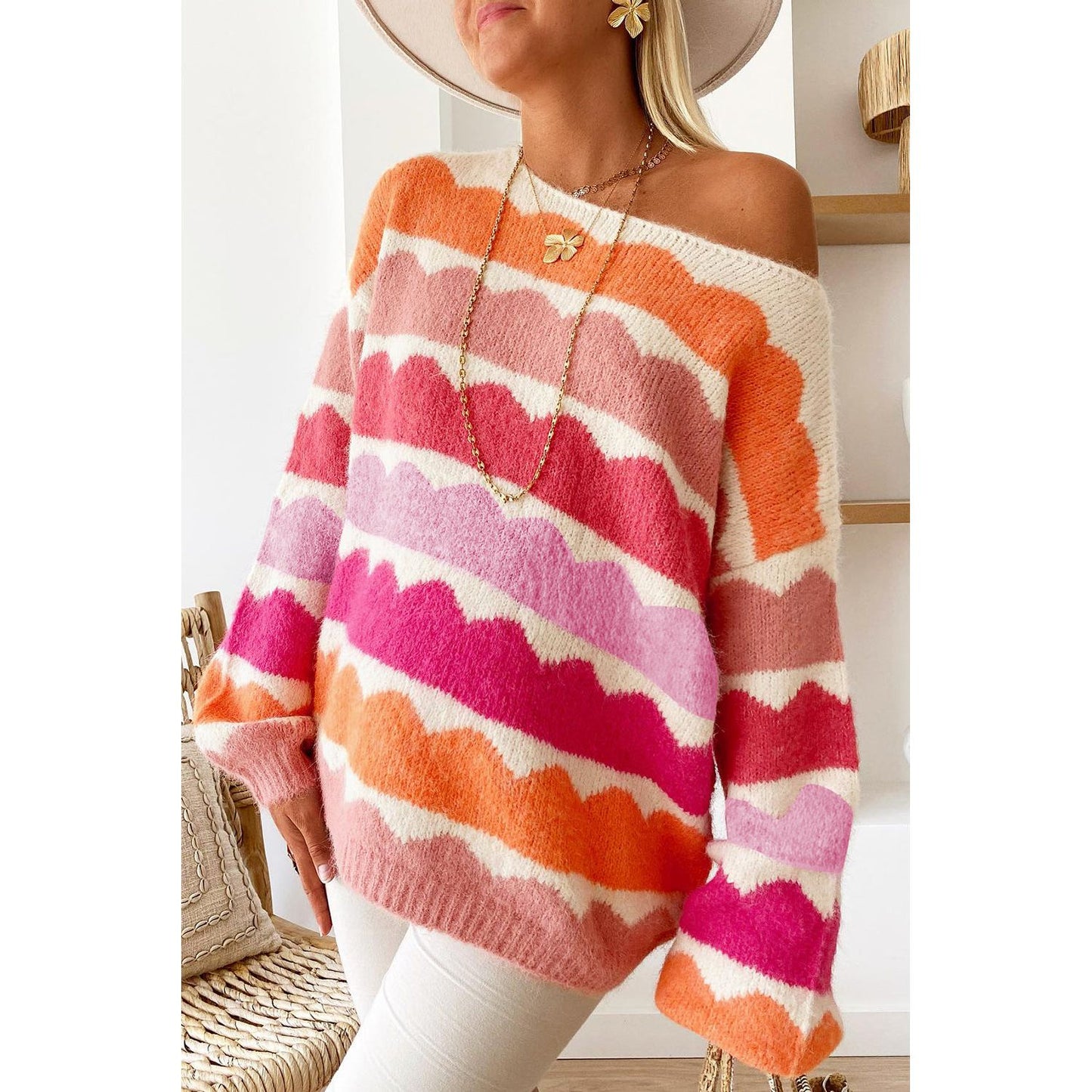 Beautifully Soft Yellow Wave Striped Balloon Sleeve Drop Shoulder Sweater