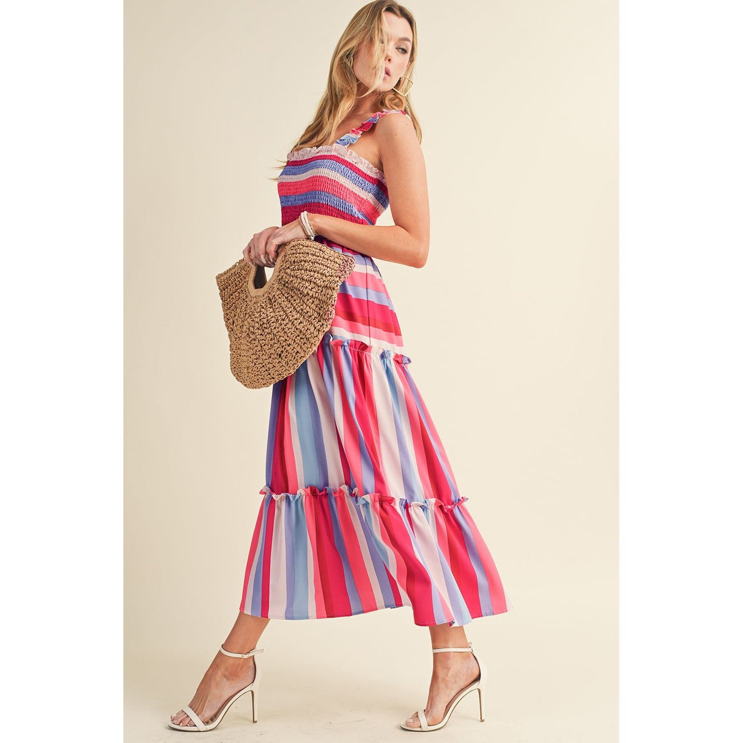 Red Striped Ruffled Straps Summer Midi Dress | Ginger Bear Boutique