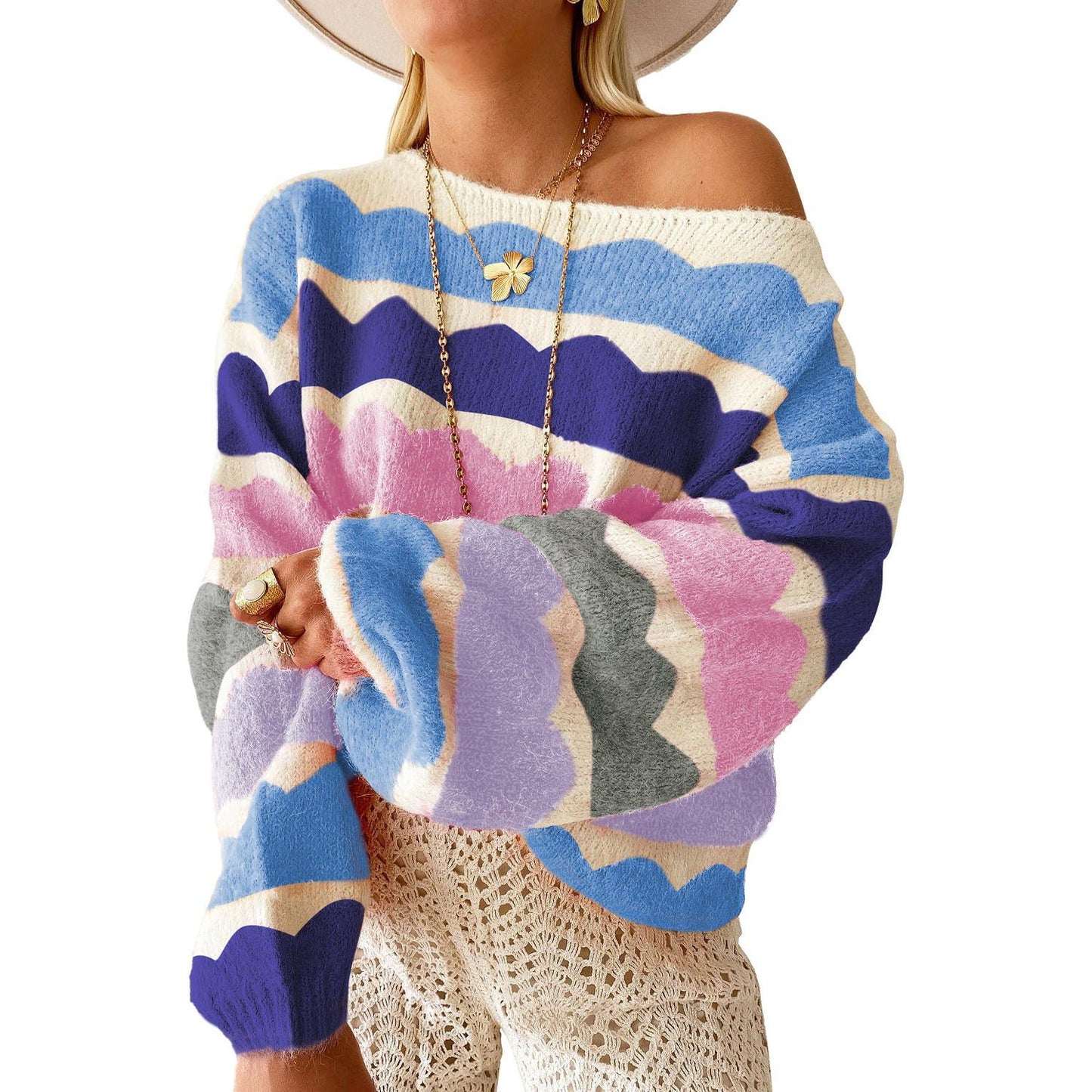 Beautifully Soft Yellow Wave Striped Balloon Sleeve Drop Shoulder Sweater