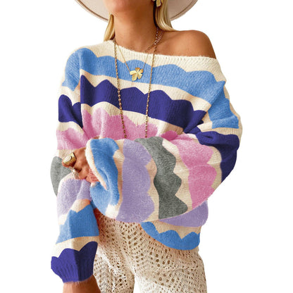 Beautifully Soft Yellow Wave Striped Balloon Sleeve Drop Shoulder Sweater
