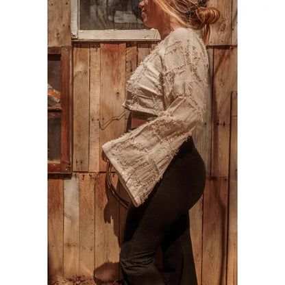 Grunge Boho Style Bell Sleeve Crop Top, Mesh Summer Top