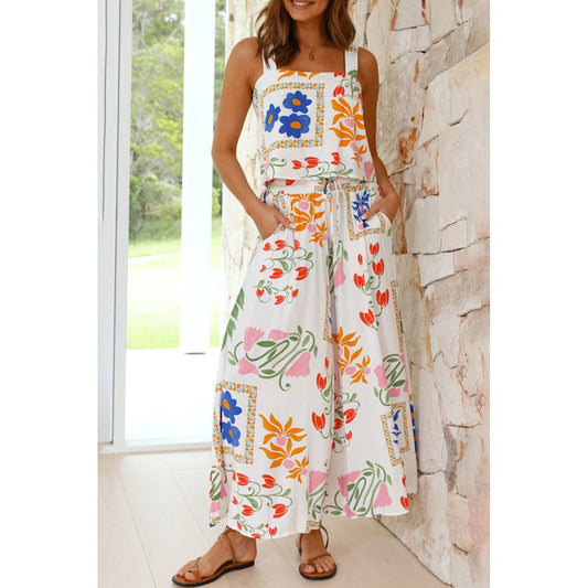 Beautiful Boho Floral Set - Square Neck Tank Top and  Wide Leg Pants