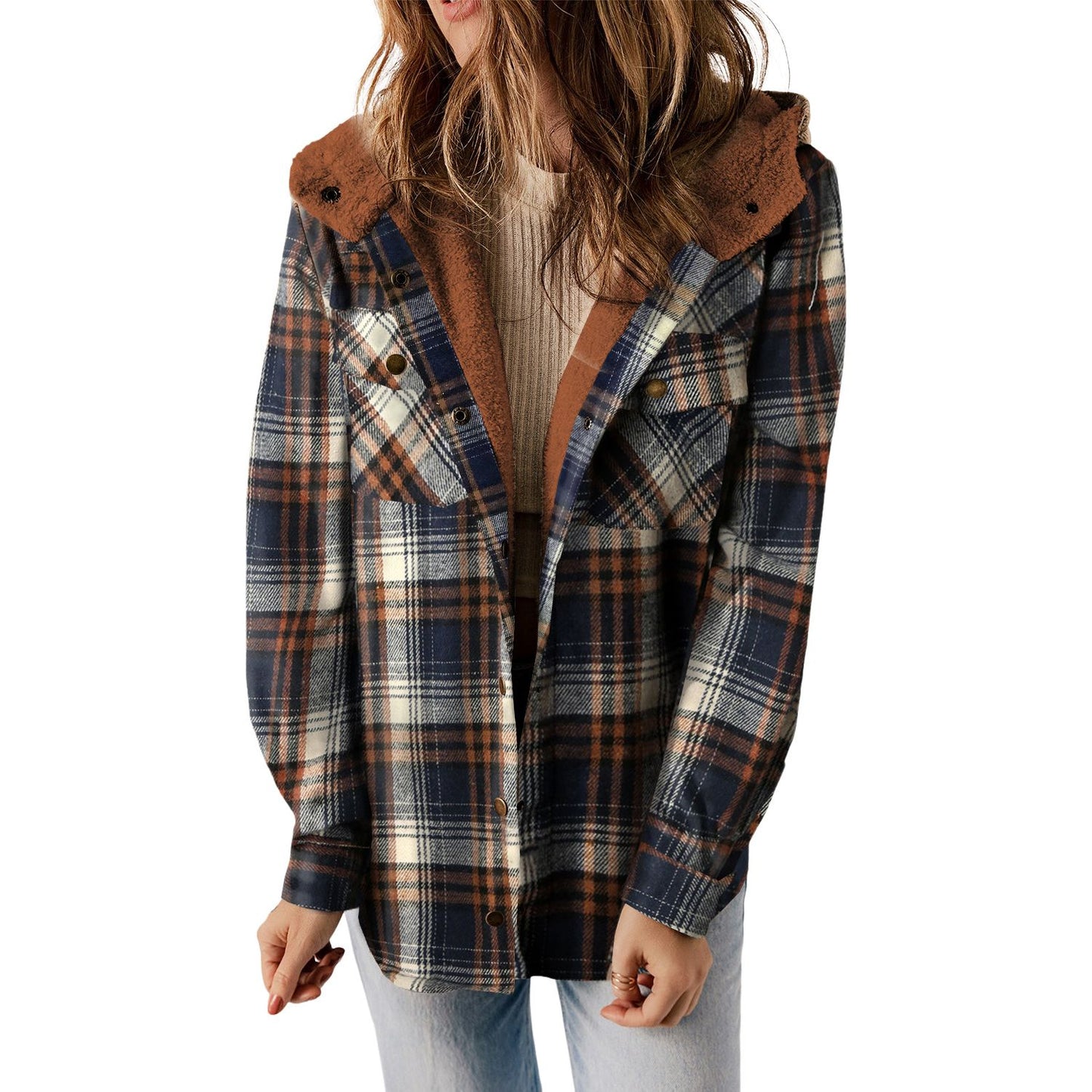 Gray Snap Button Sherpa Lined Hooded Flannel Jacket