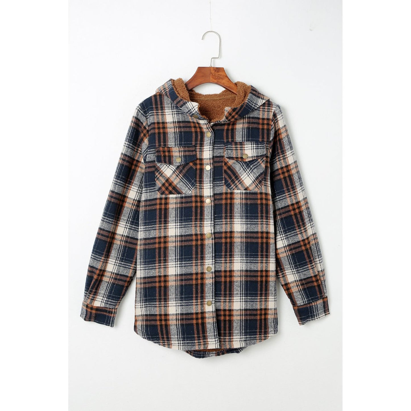 Gray Snap Button Sherpa Lined Hooded Flannel Jacket