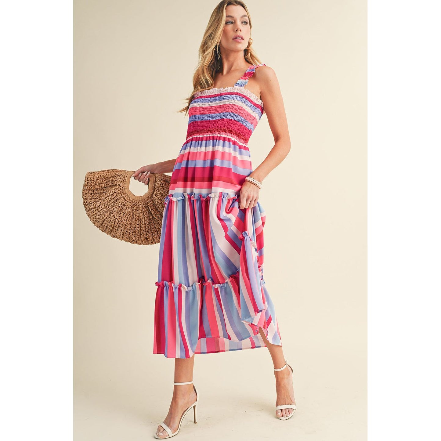 Red Striped Ruffled Straps Summer Midi Dress | Ginger Bear Boutique