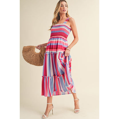 Red Striped Ruffled Straps Summer Midi Dress | Ginger Bear Boutique