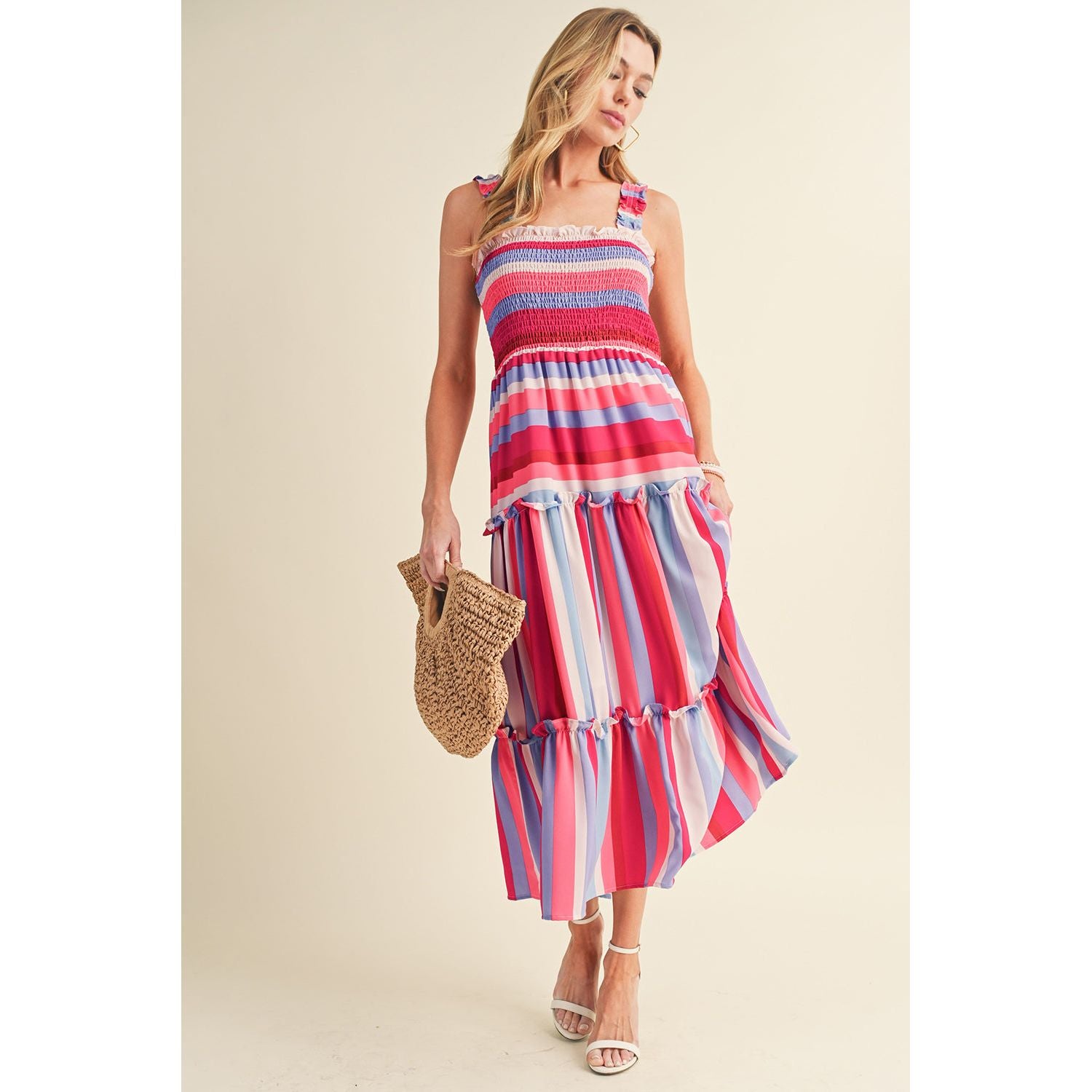 Red Striped Ruffled Straps Summer Midi Dress | Ginger Bear Boutique