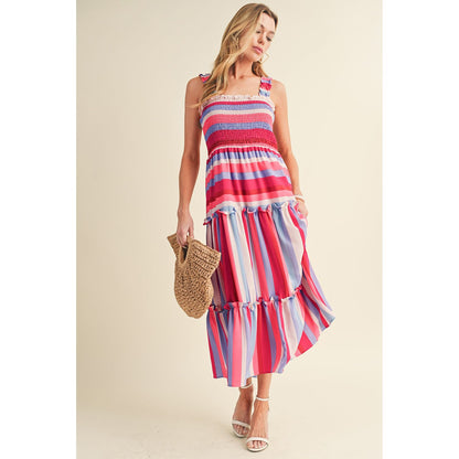 Red Striped Ruffled Straps Summer Midi Dress | Ginger Bear Boutique