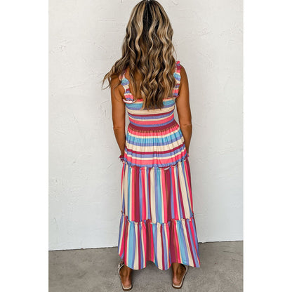 Red Striped Ruffled Straps Summer Midi Dress | Ginger Bear Boutique