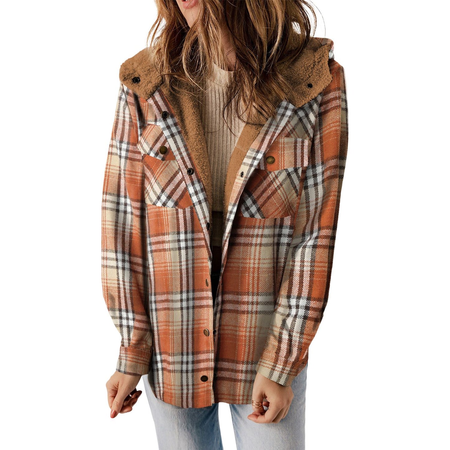 Gray Snap Button Sherpa Lined Hooded Flannel Jacket