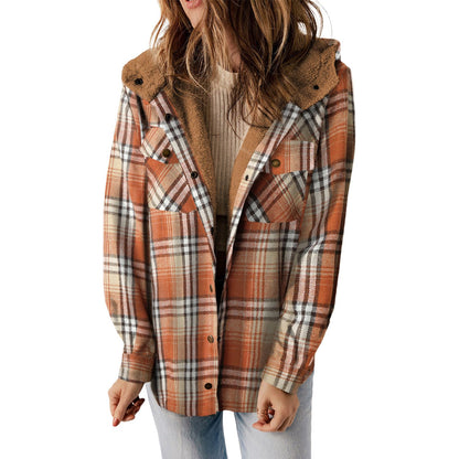 Gray Snap Button Sherpa Lined Hooded Flannel Jacket