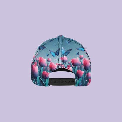 Pink Tulip and Butterfly design cotton chino twill cap.