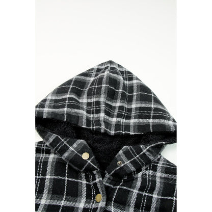 Gray Snap Button Sherpa Lined Hooded Flannel Jacket