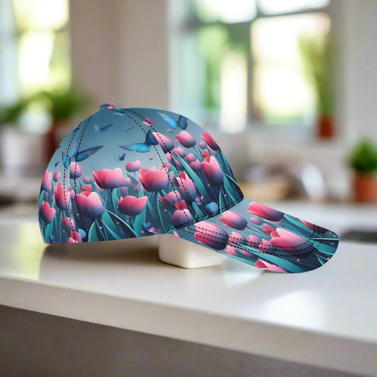 Pink Tulip and Butterfly design cotton chino twill cap. | Ginger Bear Boutique