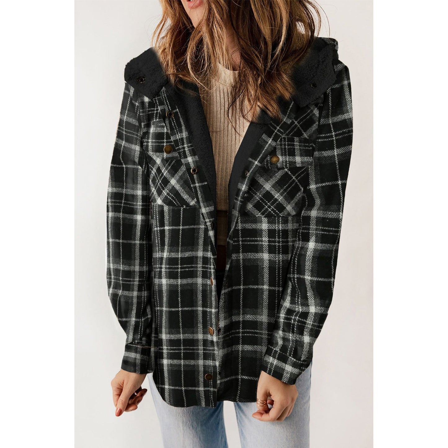 Gray Snap Button Sherpa Lined Hooded Flannel Jacket
