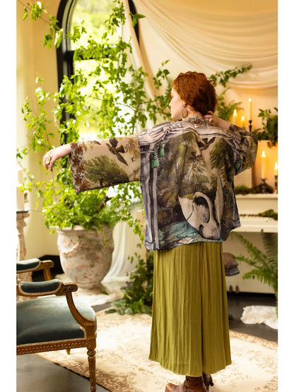 Kimono Theatre of Dreams Cropped Bamboo Fabric with Swan Design