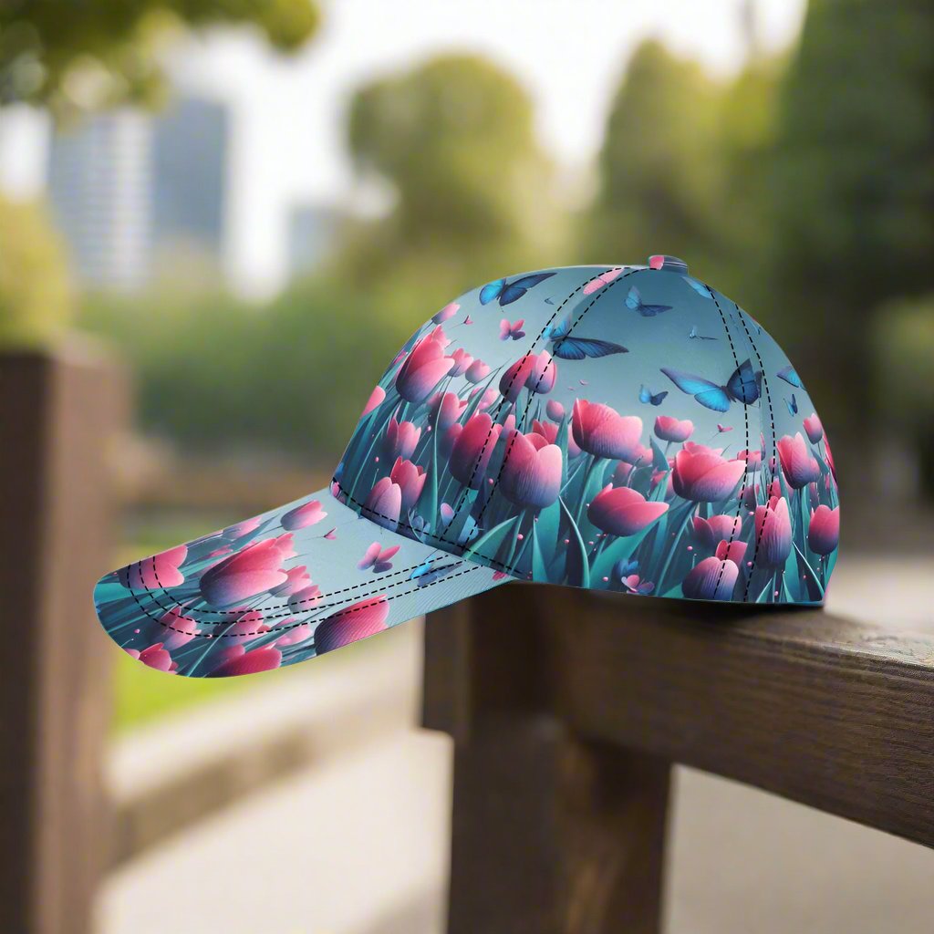 Pink Tulip and Butterfly design cotton chino twill cap. | Ginger Bear Boutique