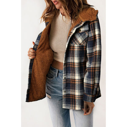 Gray Snap Button Sherpa Lined Hooded Flannel Jacket