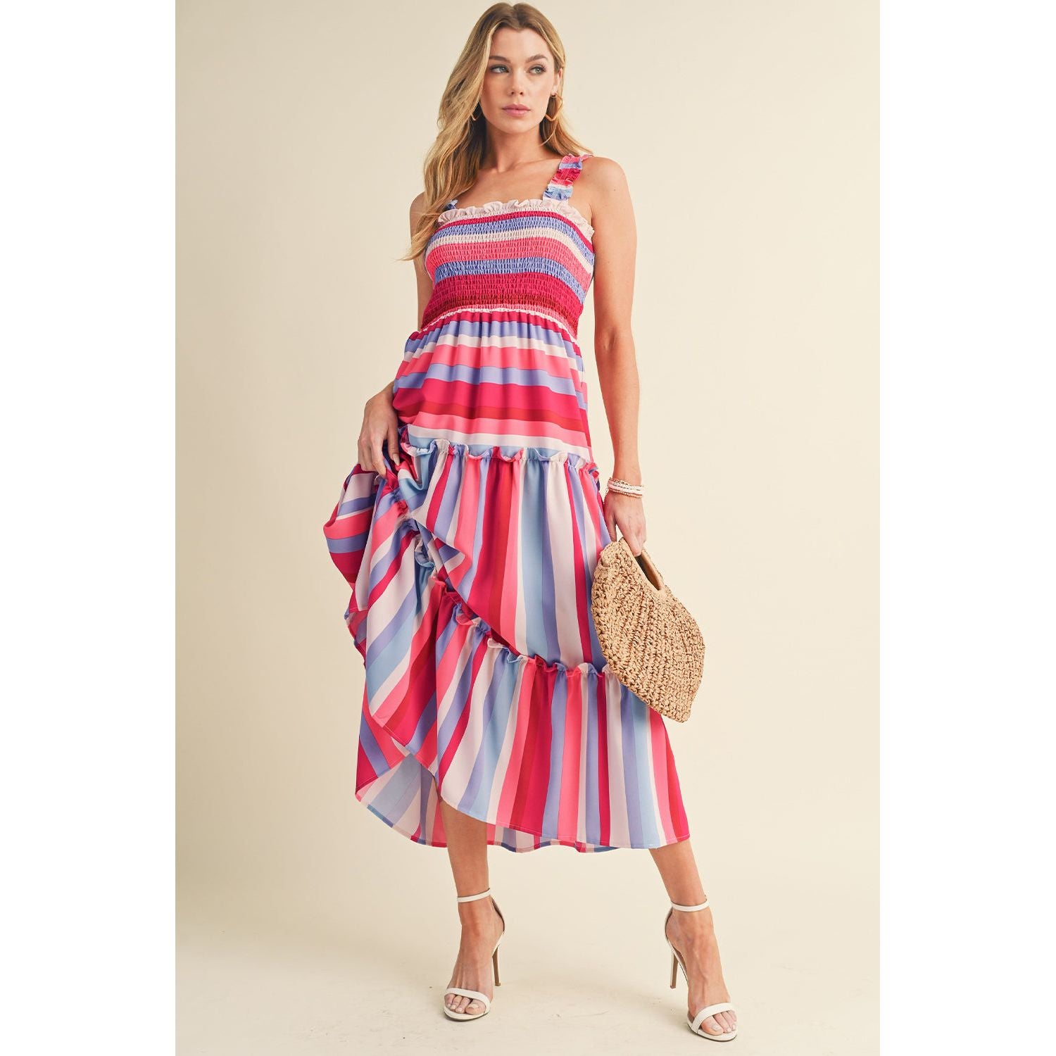 Red Striped Ruffled Straps Summer Midi Dress | Ginger Bear Boutique